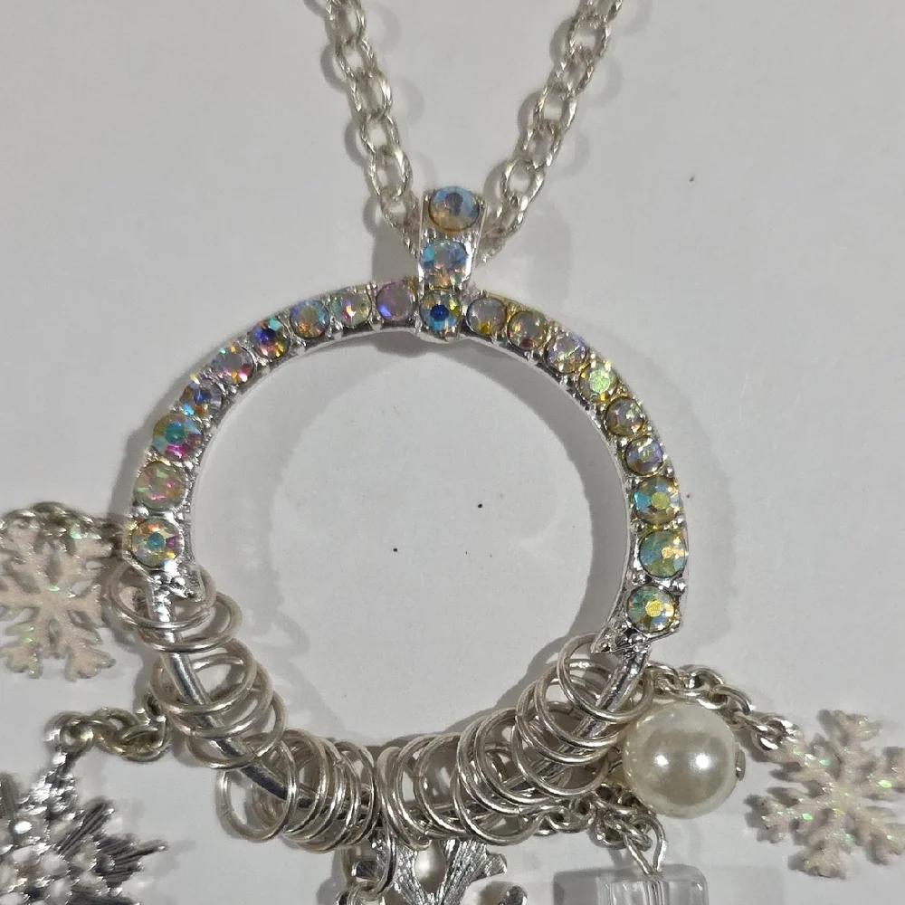 Silver Pendant Necklace – Iridescent Halo Circle - Snowflake, Pearl & Gift Charm